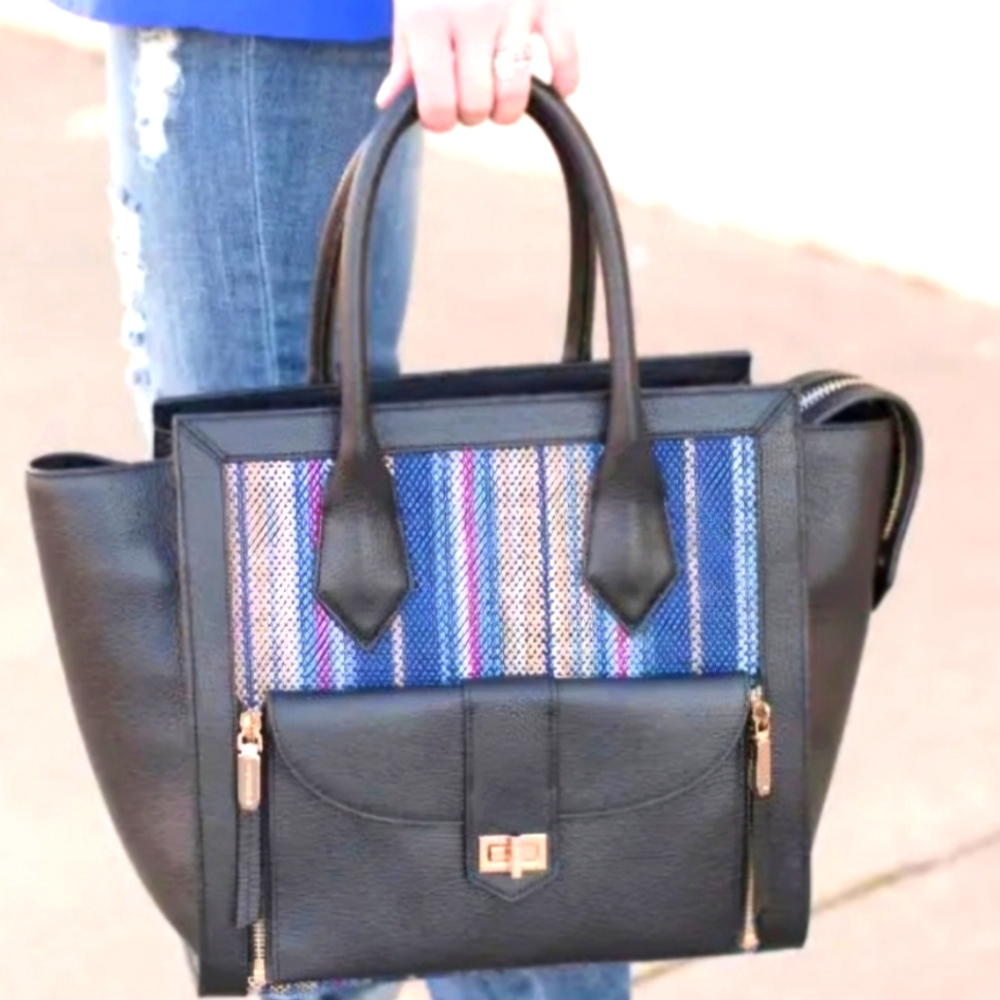 Henri Bendel Rivington Leather & Woven Straw Black Tote Shoulder Handbag Bag